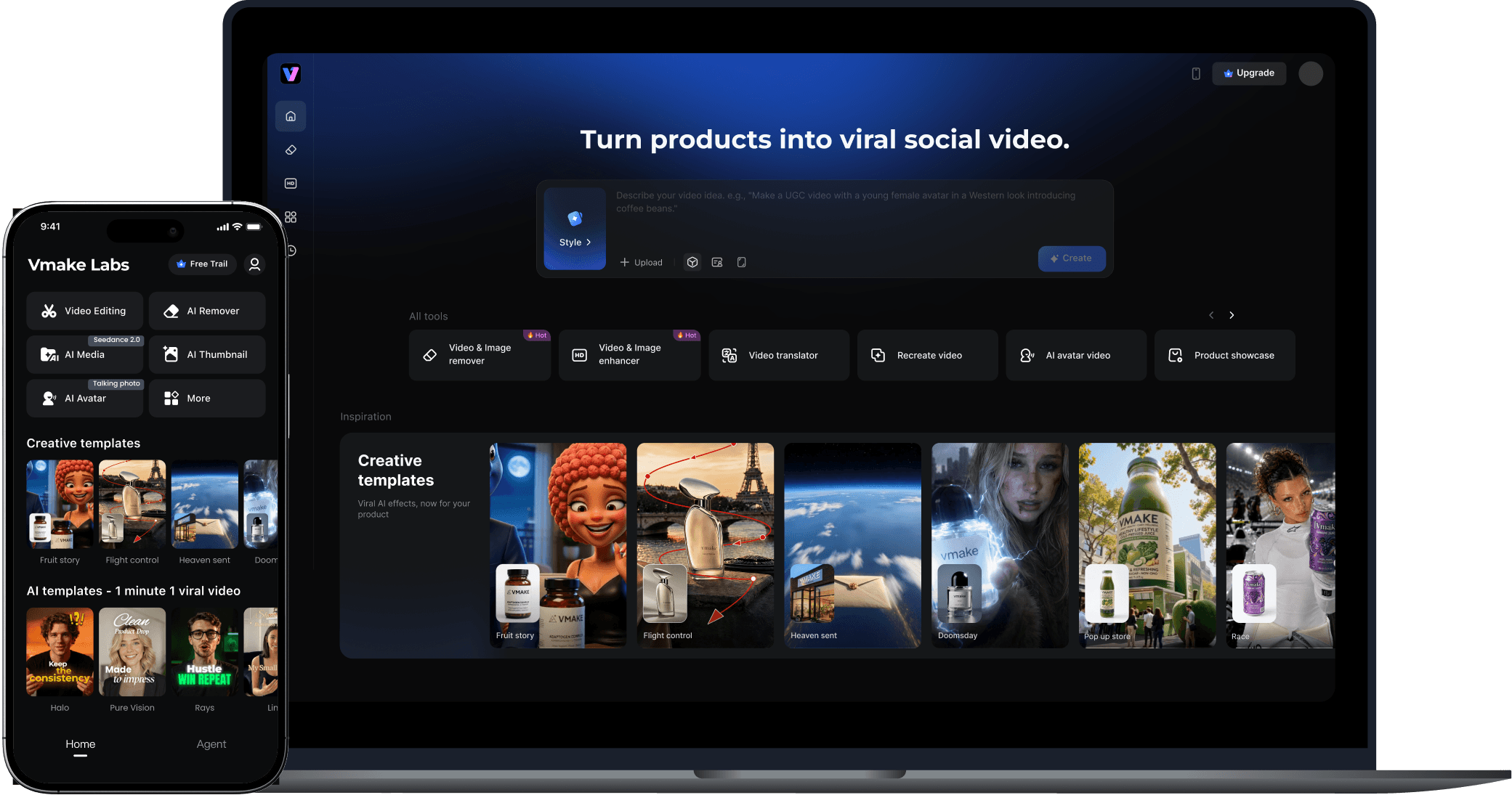 Vmake web workspace on a laptop and mobile app interface