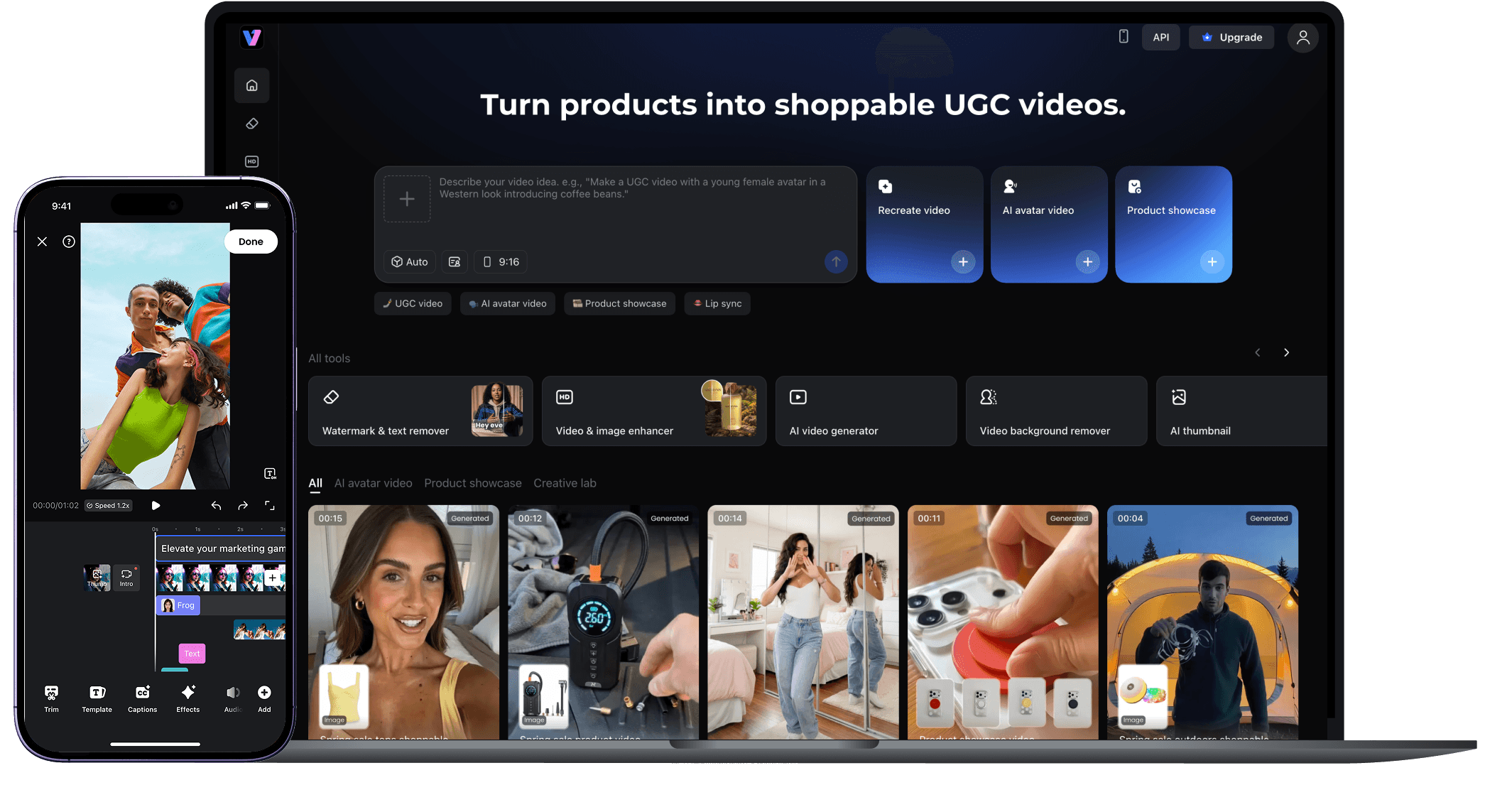 Espaço de trabalho web Vmake em laptop e interface de app móvel