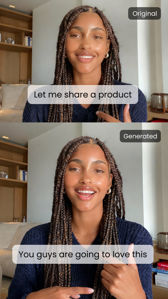 AI UGC Video
Lip-Sync & Script Re-Use